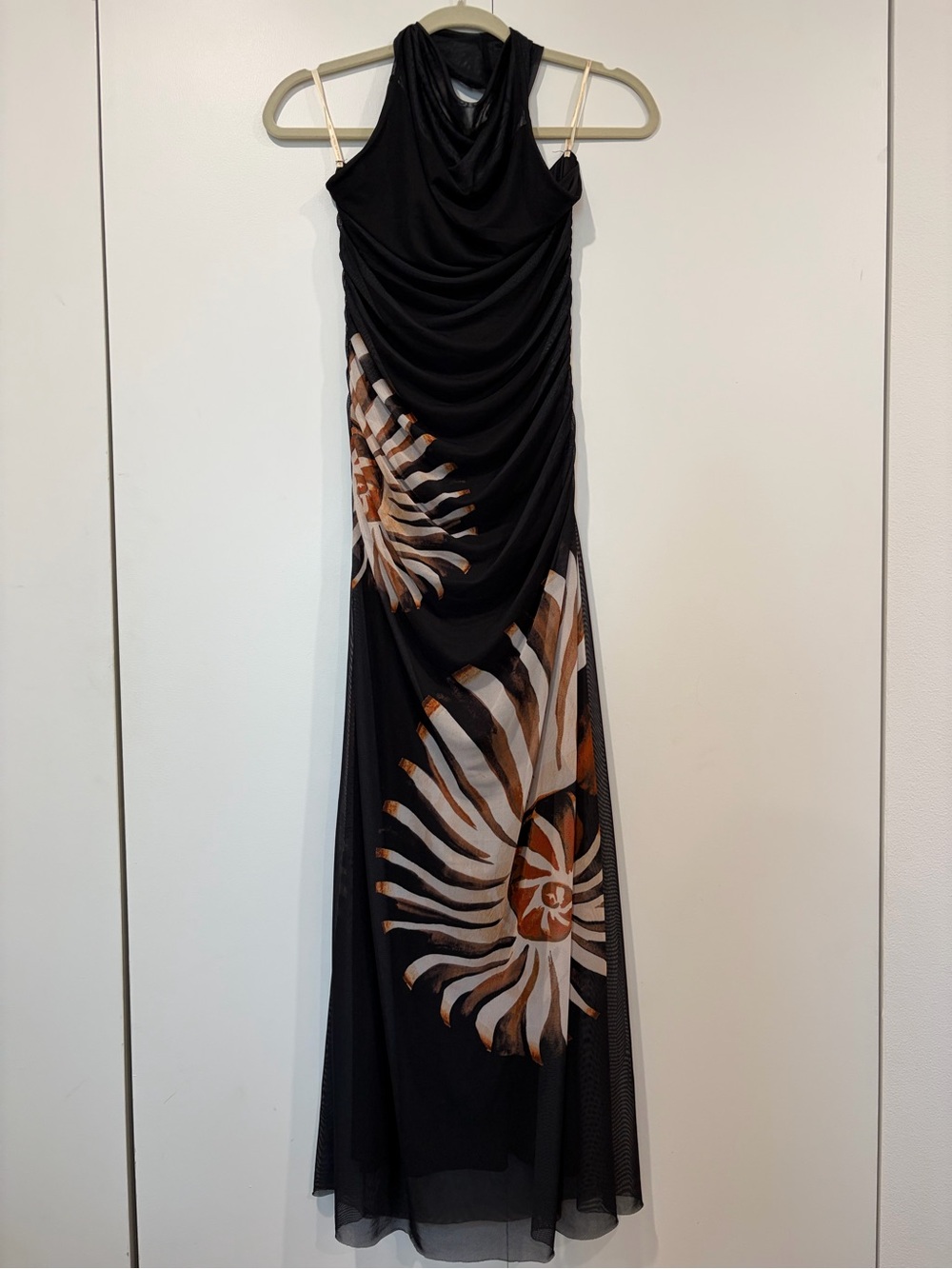 FARM RIO. Black & Tan Sun-Print Draped Evening Dress